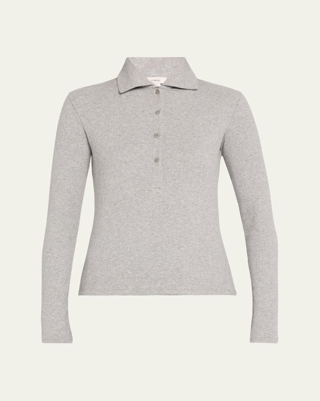 Ribbed Long-Sleeve Polo Top